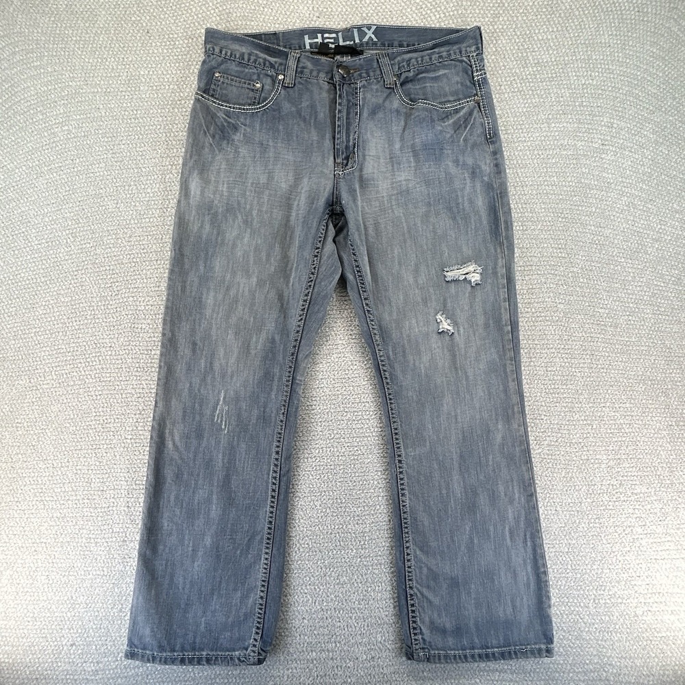 Helix Slim Boot Cut Jeans Men's 36x30 (36x28) Blue Denim Distressed Western